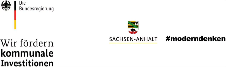 Förderlogos: Die Bundesregierung: Wir fördern kommunale Investoren. Sachsen-Anhalt #moderndenken