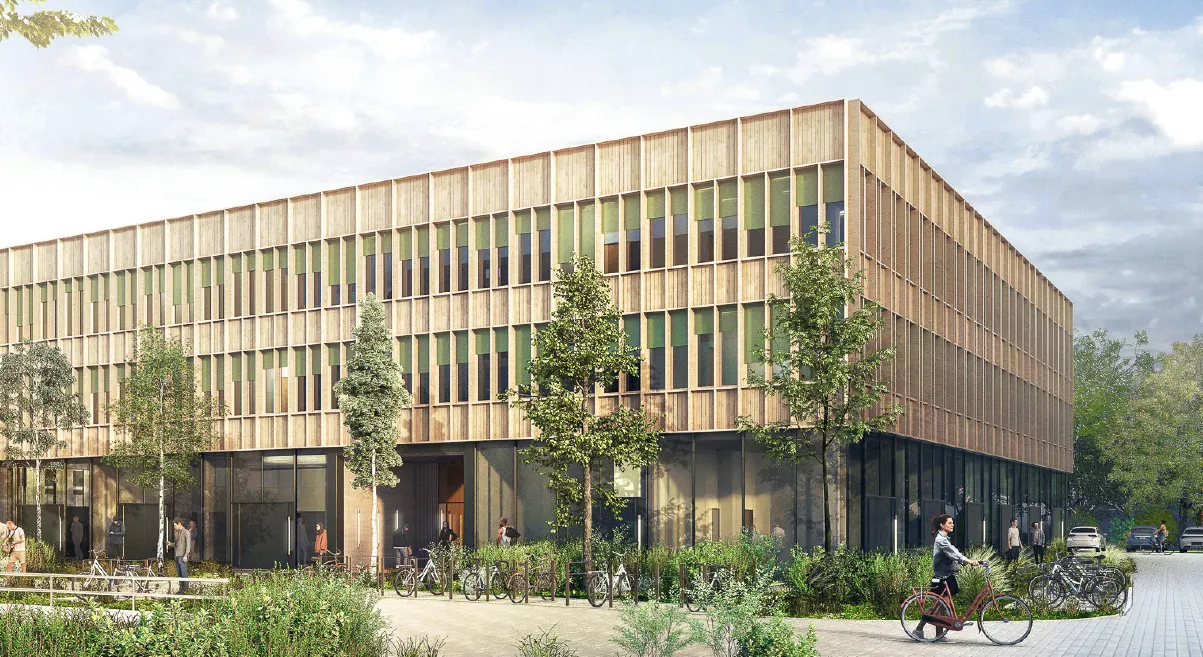 3D-Visualisierung der Außenansicht des Erweiterungsbaus des Weinberg Campus Innovation Hubs.